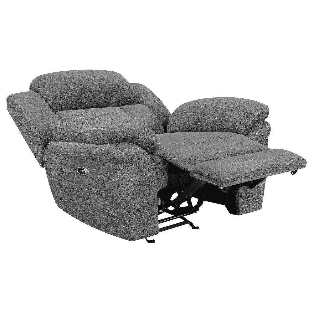 Charcoal Bahrain upholstered power glider recliner chair by Start2Finish, featuring plush fabric and ergonomic design.