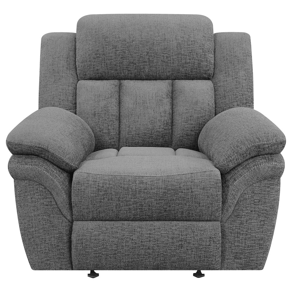 Start2Finish Bahrain upholstered power glider recliner in charcoal fabric, showing plush cushioning and sleek modern design.