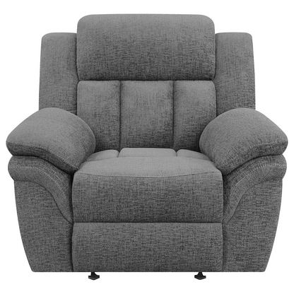Start2Finish Bahrain upholstered power glider recliner in charcoal fabric, showing plush cushioning and sleek modern design.