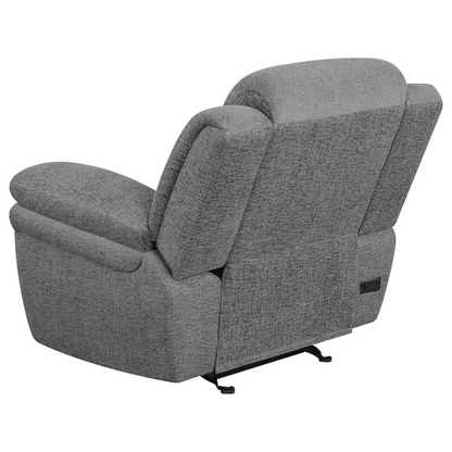 Bahrain upholstered power glider recliner in charcoal fabric, featuring plush cushioning and a modern furniture design.