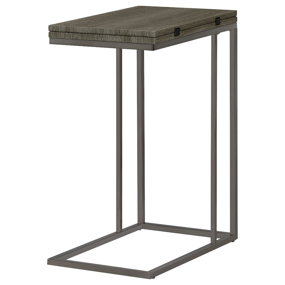 Weathered grey Pedro expandable C-shaped sofa side table by Start2Finish, showing its compact and versatile design.