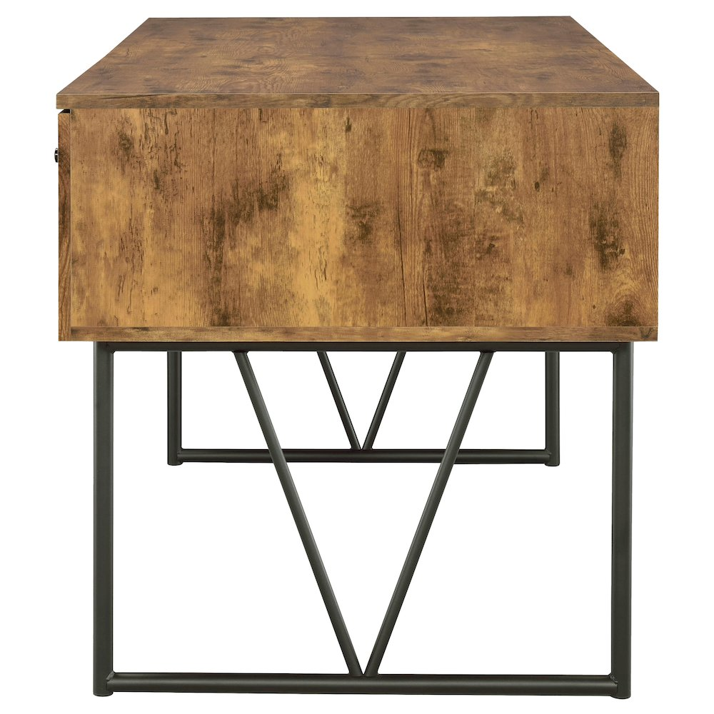 Rustic Nutmeg Analiese 63-inch 4-drawer writing desk from Start2Finish, showcasing wood grain, sturdy construction, and spacious workspace.