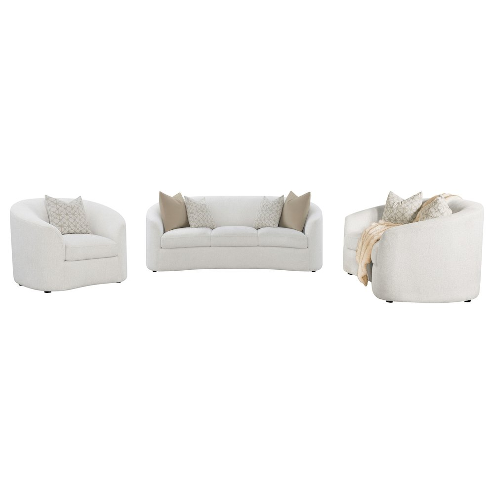 Start2Finish Rainn 3-piece boucle upholstered sofa set with sloped arms in latte, showcasing plush fabric and modern furniture design.