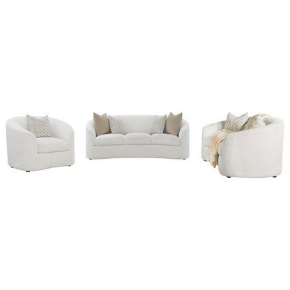 Start2Finish Rainn 3-piece boucle upholstered sofa set with sloped arms in latte, showcasing plush fabric and modern furniture design.