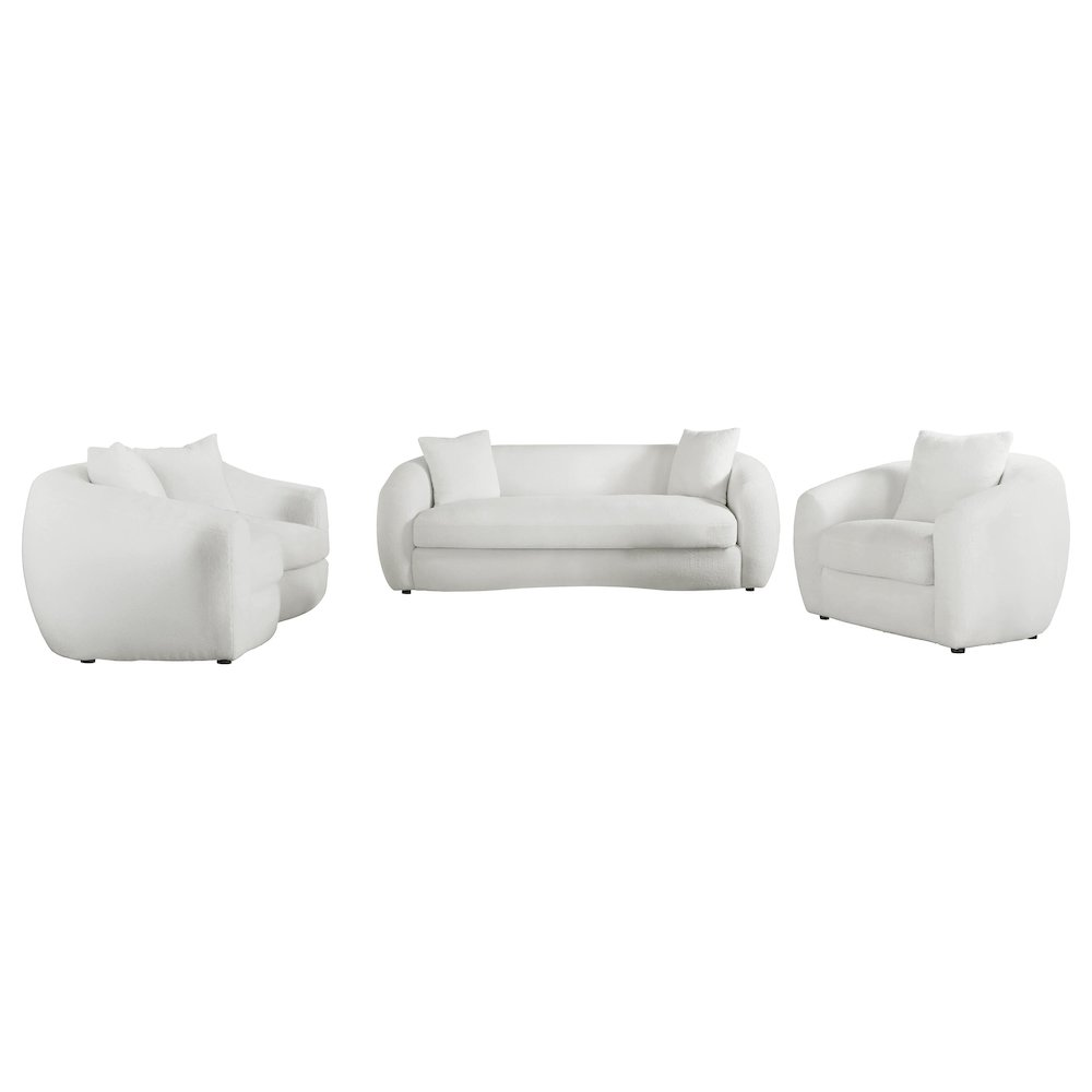 Start2Finish Isabella 3-piece faux sheepskin upholstered sofa set in natural color, featuring plush cushions and modern design.