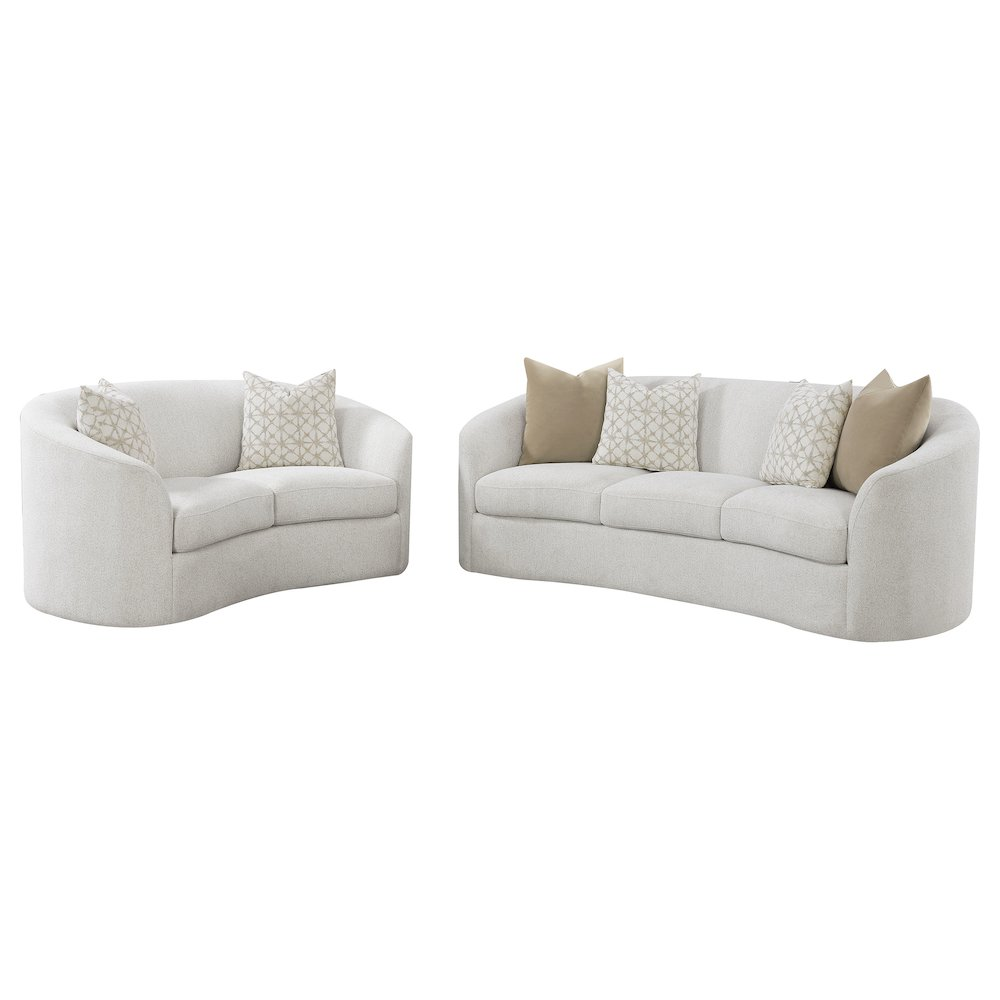 Start2Finish Rainn 2-piece boucle upholstered sloped arm sofa set in latte color, featuring plush cushions and modern design.