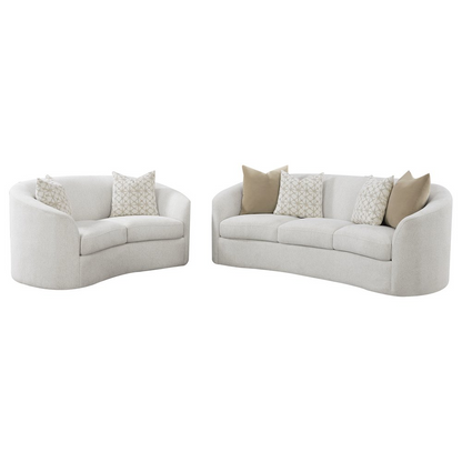 Start2Finish Rainn 2-piece boucle upholstered sloped arm sofa set in latte color, featuring plush cushions and modern design.