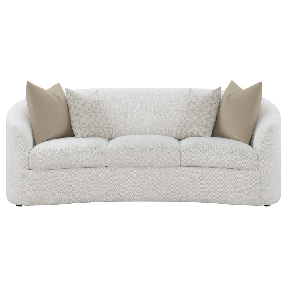 Start2Finish Rainn 2-piece boucle upholstered sofa set with sloped arms in latte color, showcasing plush fabric and modern design.