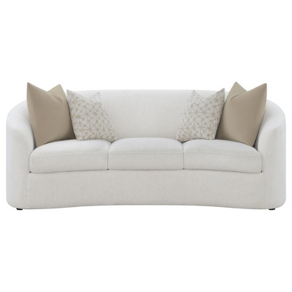 Start2Finish Rainn 2-piece boucle upholstered sofa set with sloped arms in latte color, showcasing plush fabric and modern design.