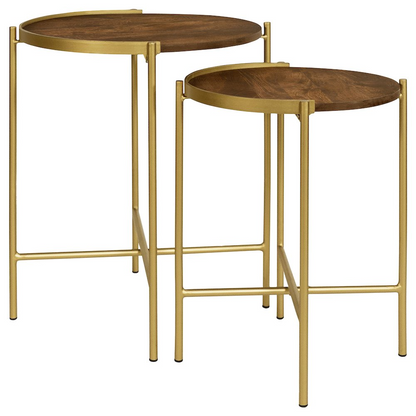 Start2Finish Malka 2-piece round wood nesting tables in dark brown and gold, featuring sleek modern design and smooth surfaces.