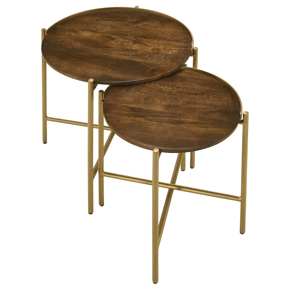 Start2Finish Malka 2-piece round nesting tables in dark brown wood with gold accents, perfect for modern living space decor.