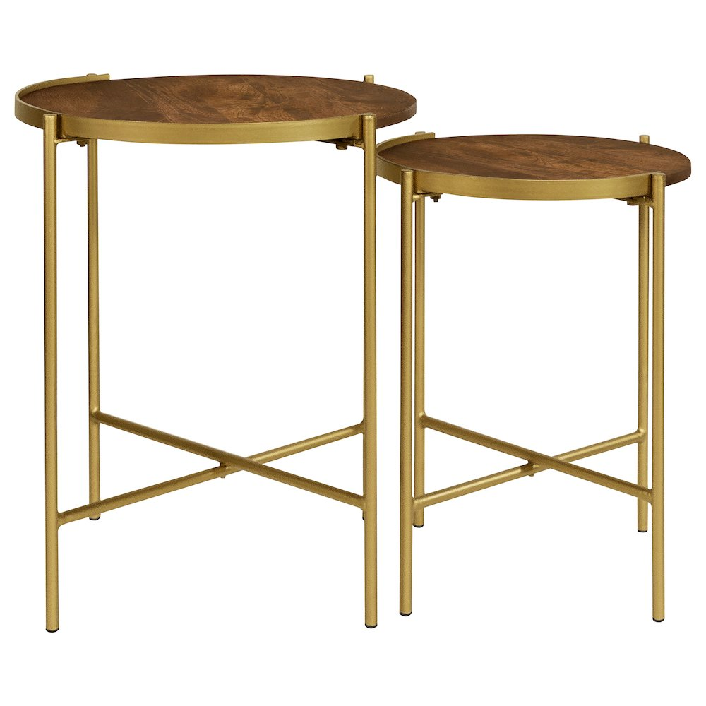 Malka 2-piece round wood nesting tables with dark brown finish and gold accents, showcasing their elegant design and smooth surfaces.
