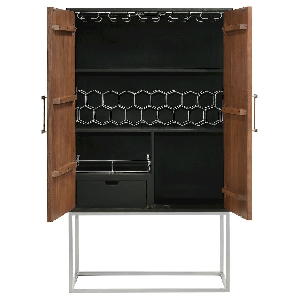 Borman 2-door home bar cabinet with wine storage, walnut and black finish, featuring sleek design and ample space for bottles and glassware.