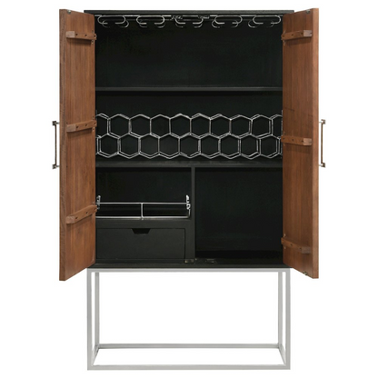 Borman 2-door home bar cabinet with wine storage, walnut and black finish, featuring sleek design and ample space for bottles and glassware.