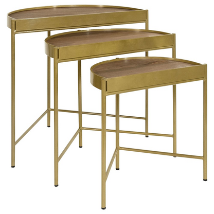 Set of three brown and gold Tristen demilune nesting tables with sleek curved design, perfect for modern furniture decor.