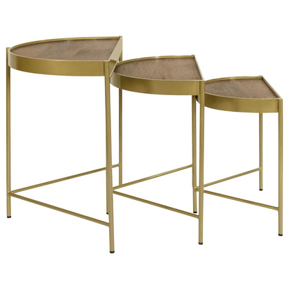 Three brown and gold Tristen 3-piece demilune nesting tables from Start2Finish, showcasing elegant curved designs and sleek finishes.