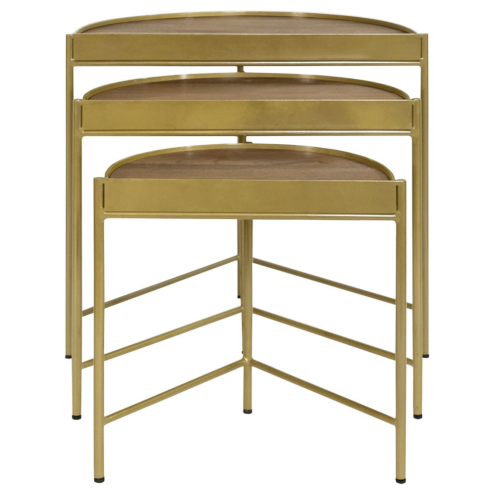 Set of three brown and gold demilune nesting tables from Start2Finish, showcasing sleek curved design and modern furniture style.