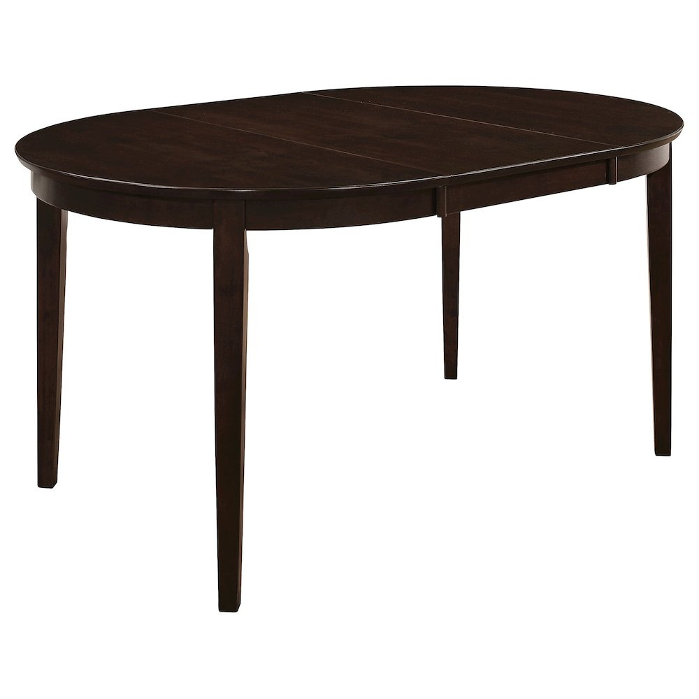 Start2Finish Gabriel Oval 60-inch extension leaf dining table in cappuccino finish, showing the elegant oval shape and expandable design.