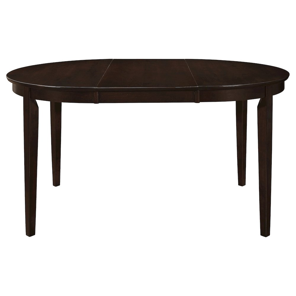 Gabriel Oval 60-inch Extension Leaf Dining Table in Cappuccino by Start2Finish, showing the wooden table with extended leaf.