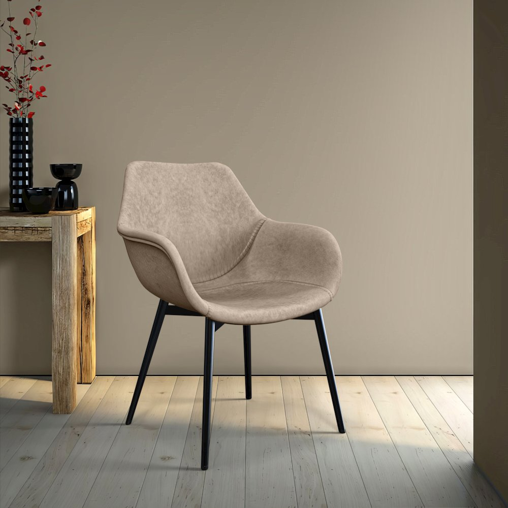 Modern leather dining arm chair in taupe with sleek design and padded armrests, from Start2Finish.