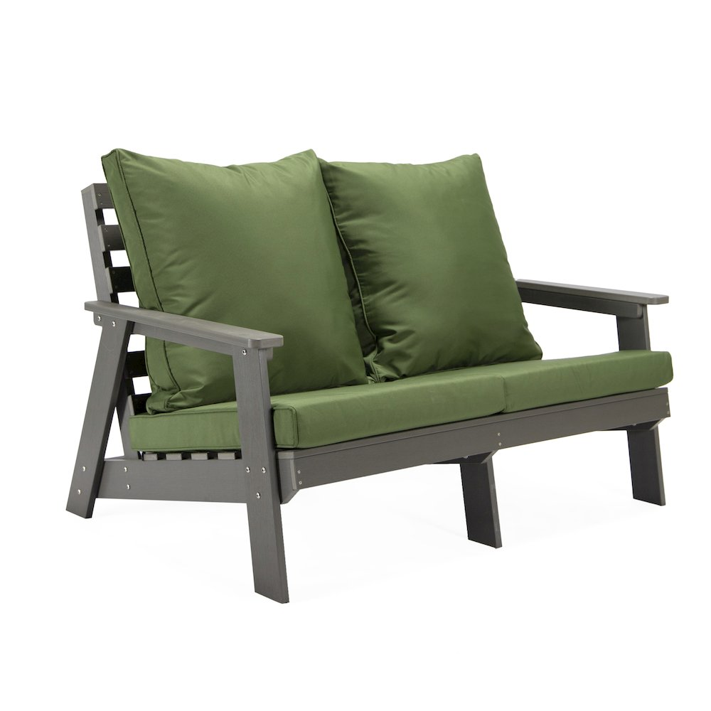 Start2Finish Alpine grey loveseat with dark green cushions, showcasing plush upholstery and comfortable seating.