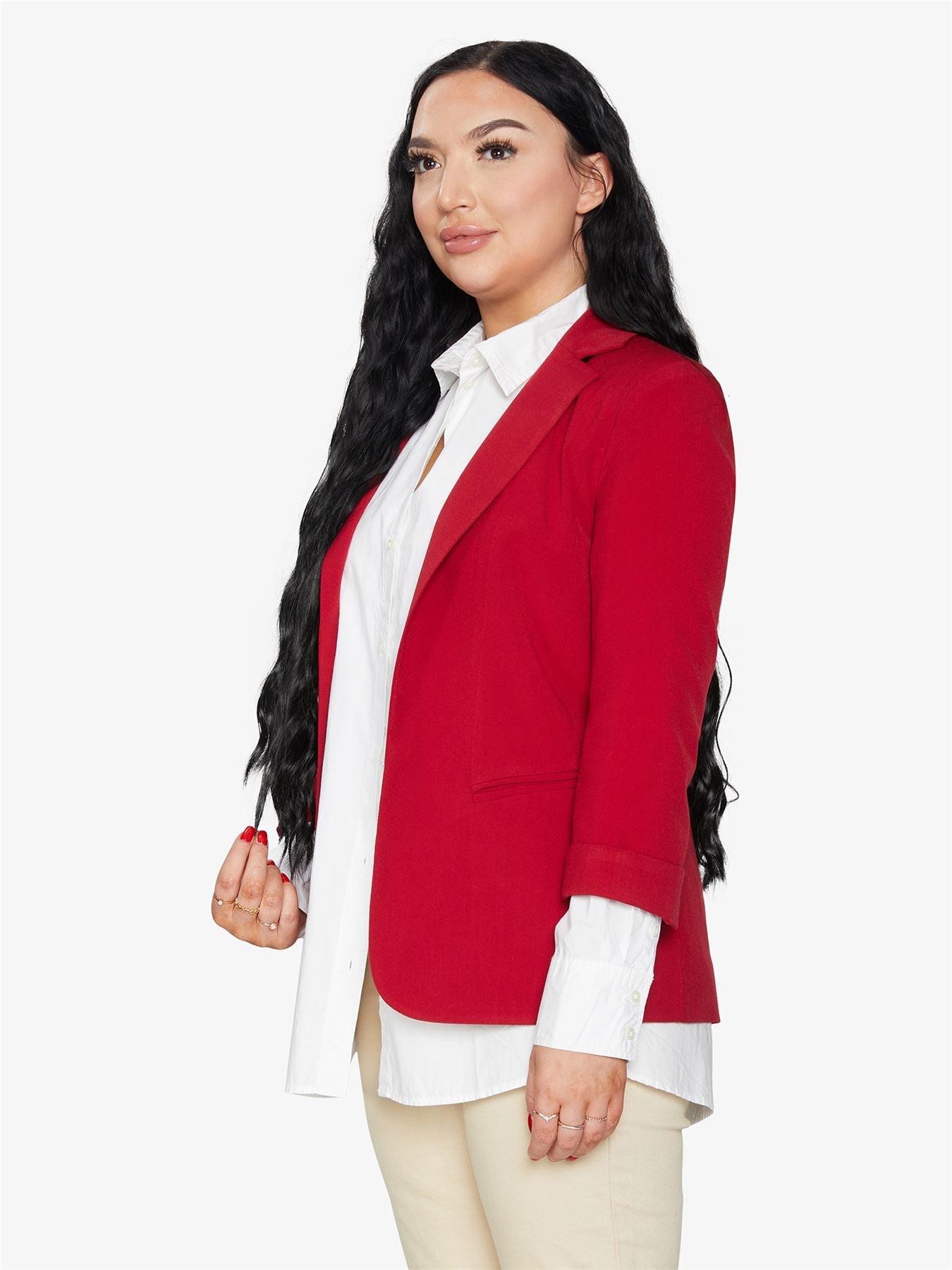 Rose Eleusis edge-to-edge blazer, stylish tailored jacket with clean lines and structured fit, suitable for professional or casual wear.