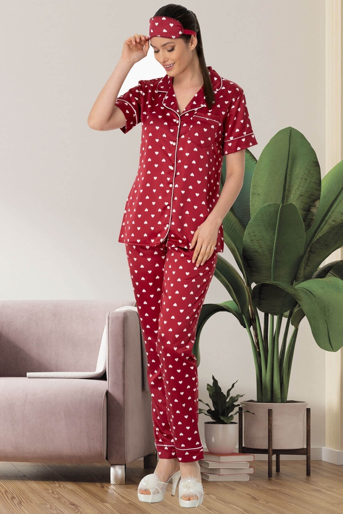 Burgundy Artemis Shopymommy 5476 heart satin maternity and nursing pajamas, pink satin with heart pattern, designed for comfort and style.