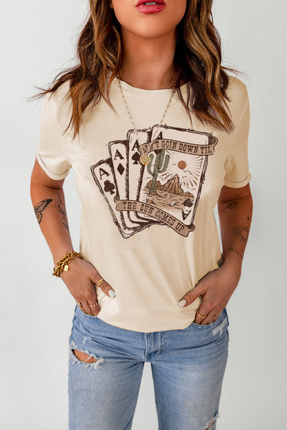 Carmine Juneberry khaki Western poker cards graphic T-shirt featuring poker card designs on the front.