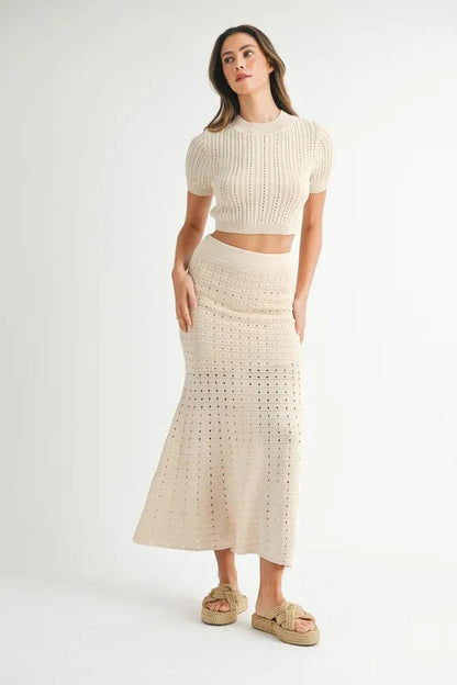 Pear Daisy MABLE Pointelle crop top and slit skirt sweater set, short sleeve top with delicate knit pattern and matching skirt.