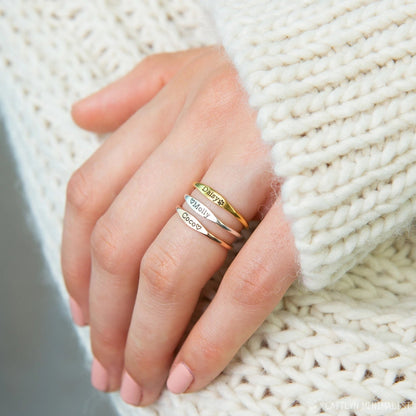 Delicate pink gold Tiny Name Ring by Pink Lucky, minimalist jewelry with a fine band and personalized name engraving.