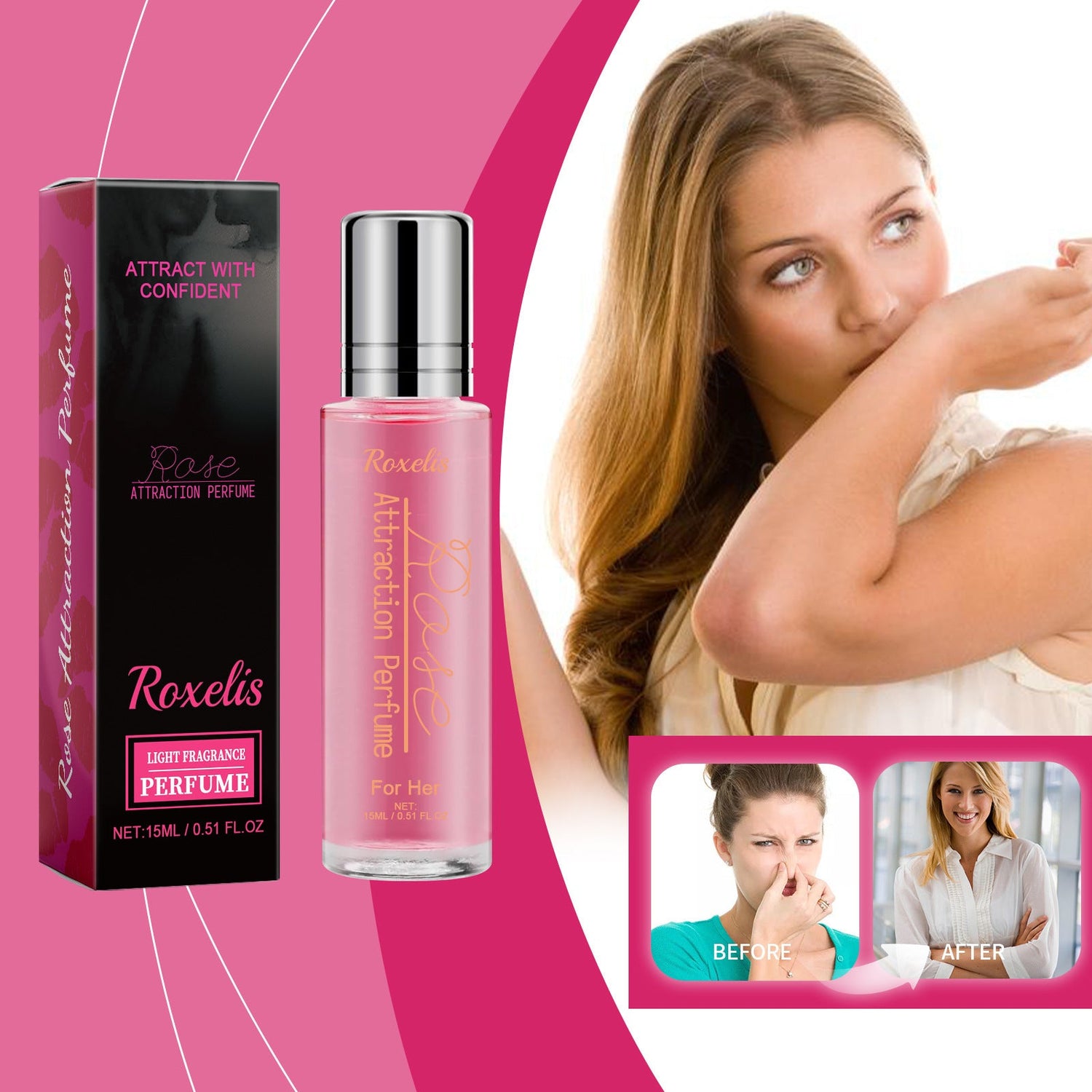 Carmine Juneberry Roxelis™ Rose Perfume Attraction Pink bodycare product with pink packaging and floral design.