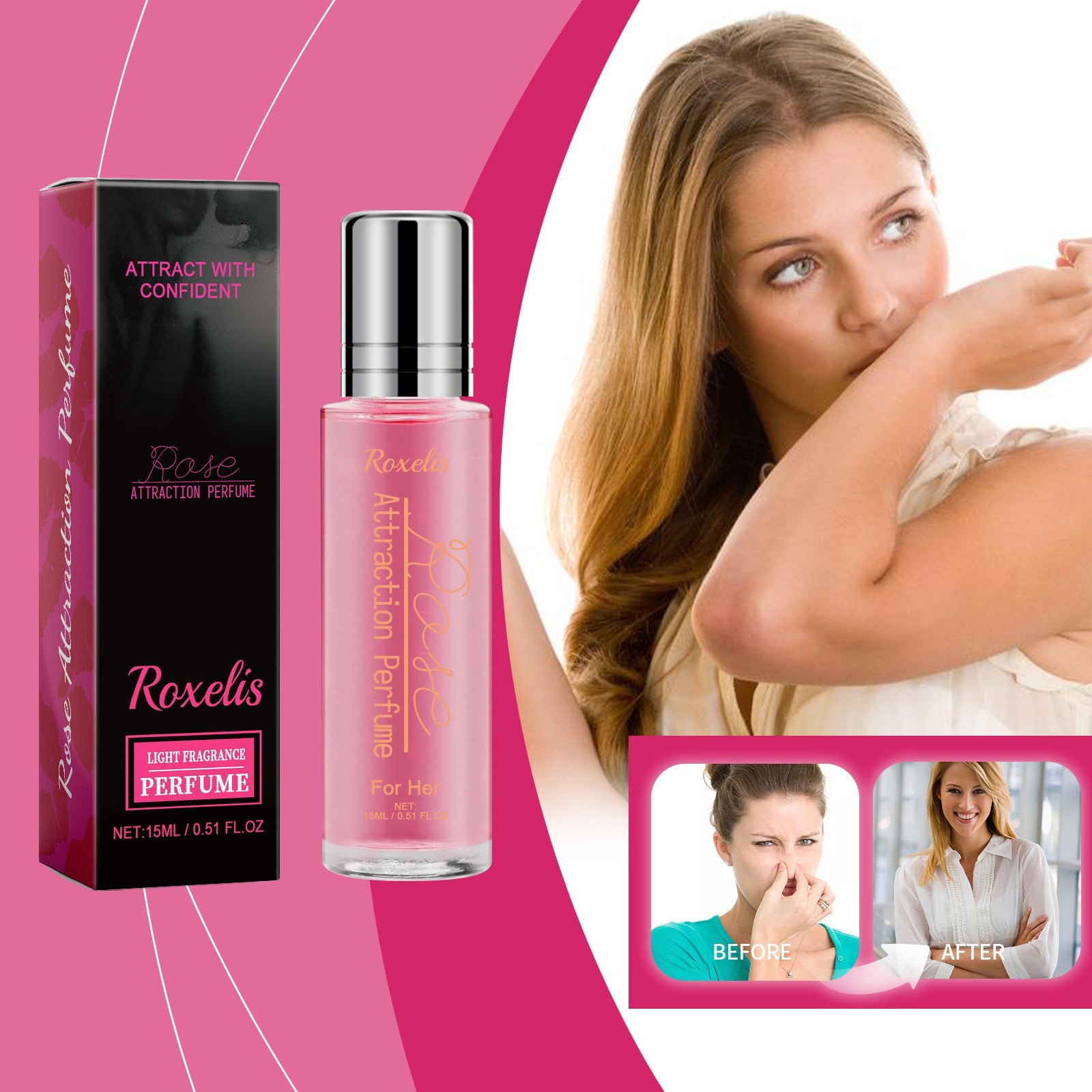 Carmine Juneberry Roxelis™ Rose Perfume Attraction Pink bodycare product with pink packaging and floral design.