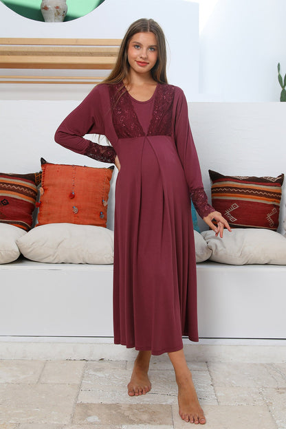Burgundy Artemis Shopymommy 55102 Silence Lace Embroidered Maternity &amp; Nursing Sleepwear, front view on model