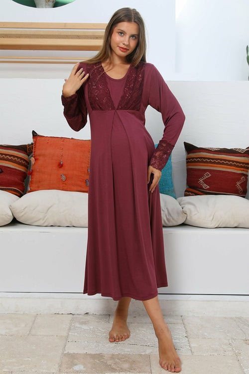 Burgundy Artemis Shopymommy 55102 Silence lace embroidered maternity and nursing sleepwear, soft and comfortable for new mothers.