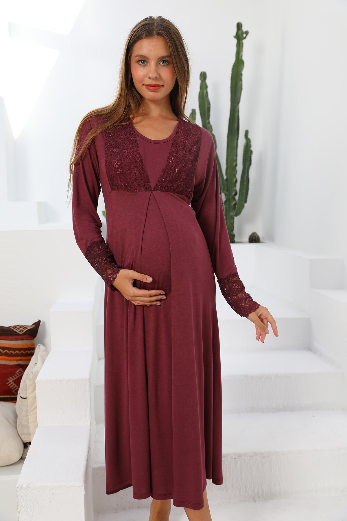 Burgundy Artemis Shopymommy 55102 Silence lace embroidered maternity and nursing sleepwear, soft and comfortable for expectant mothers