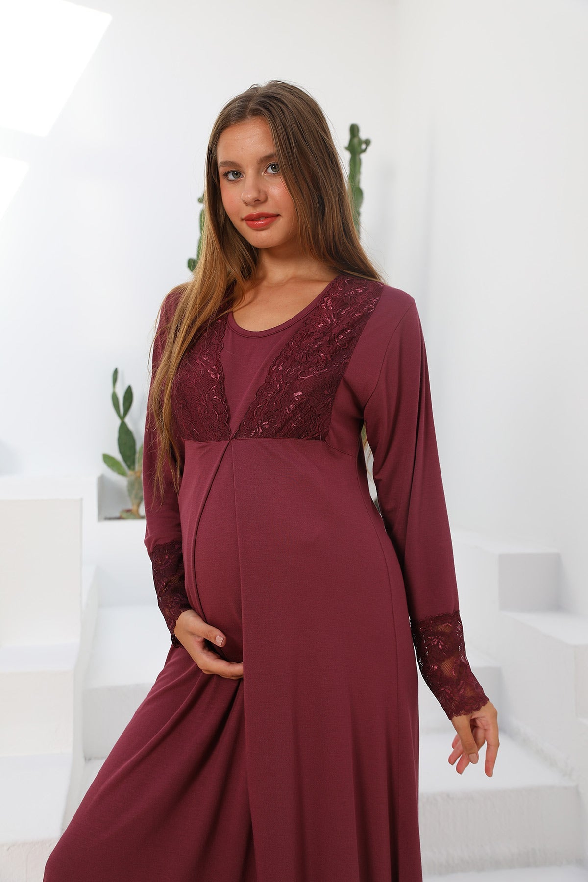 Burgundy Artemis Shopymommy 55102 Silence lace embroidered maternity and nursing sleepwear, featuring delicate lace details.