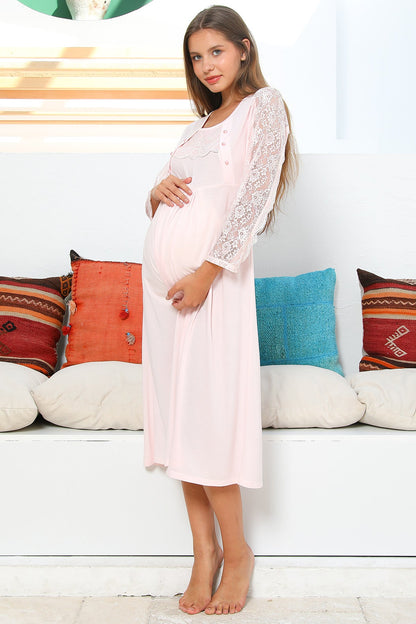 Pink Burgundy Artemis Shopymommy 55103 elegance lace sleeved maternity and nursing nightgown, soft and comfortable sleepwear.