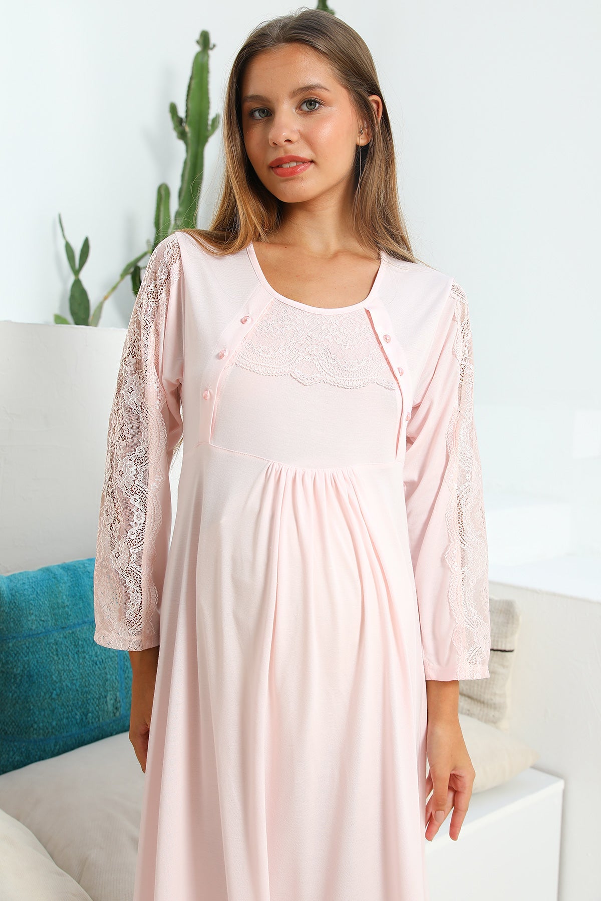 Burgundy Artemis Shopymommy 55103 elegant lace sleeves maternity and nursing nightgown, soft pink sleepwear for nursing moms