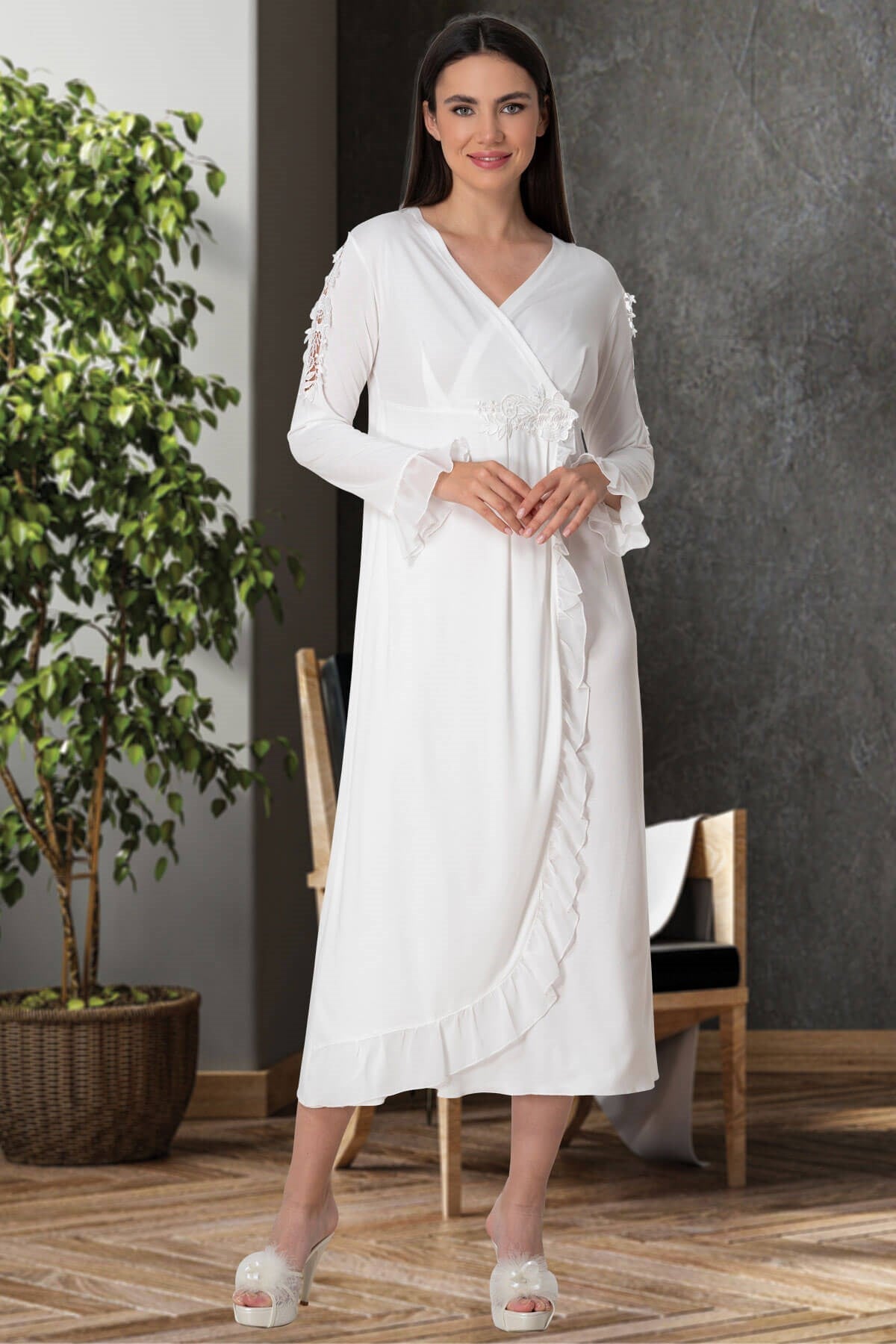 Burgundy Artemis Shopymommy 5522 Guipure double-breasted maternity and nursing nightgown with lace details, displayed on a hanger.