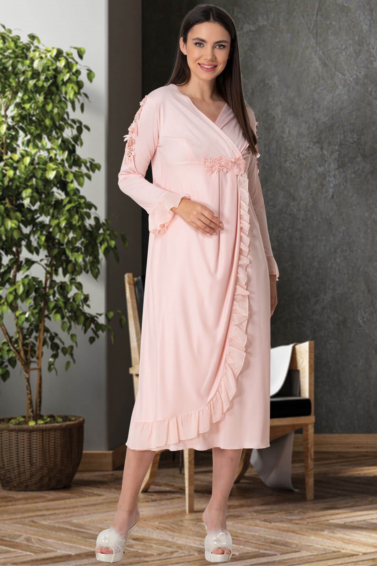 Burgundy Artemis Shopymommy 5522 guipure double-breasted maternity and nursing nightgown with lace details, laid flat.
