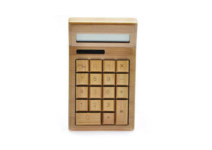Fuchsia Molly solar-powered bamboo novelty calculator with eco-friendly design and easy-to-read buttons.