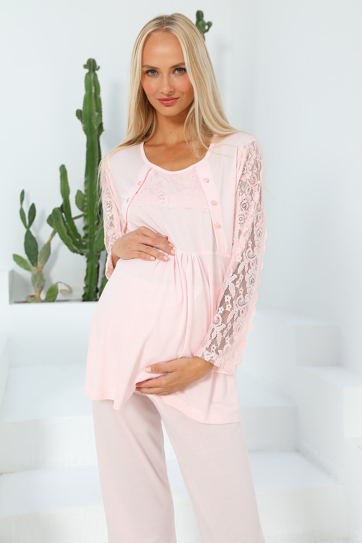 Burgundy Artemis Shopymommy 55303 elegance lace sleeves maternity and nursing pajamas, soft pink sleepwear with lace details