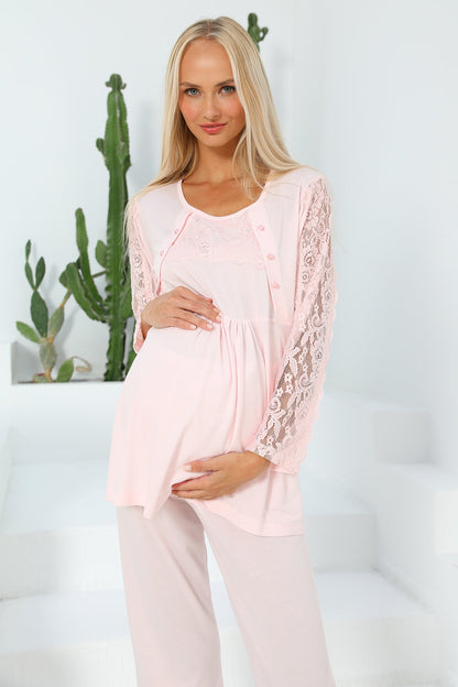 Burgundy Artemis Shopymommy 55303 elegance lace sleeves maternity and nursing pajamas, soft pink sleepwear with lace details