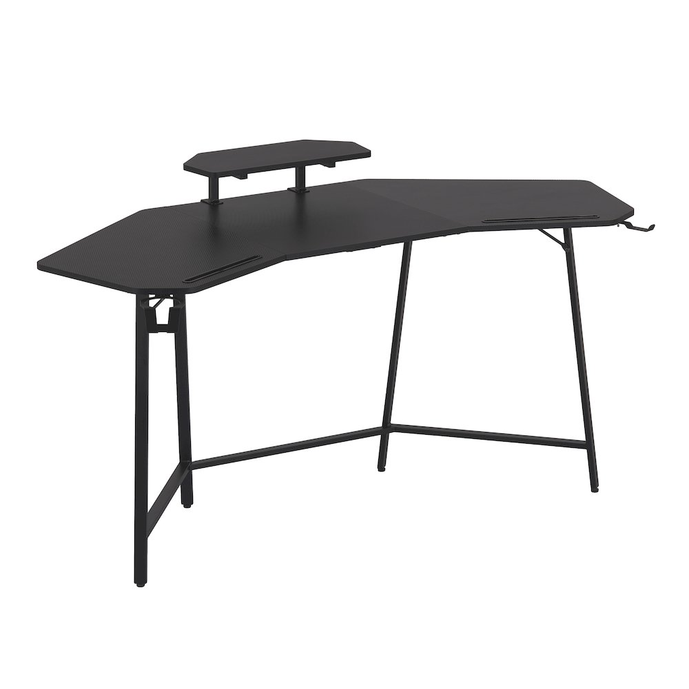 Black Start2Finish gaming desk with shelf and accessory holders, showing a spacious workspace and organized gaming setup.