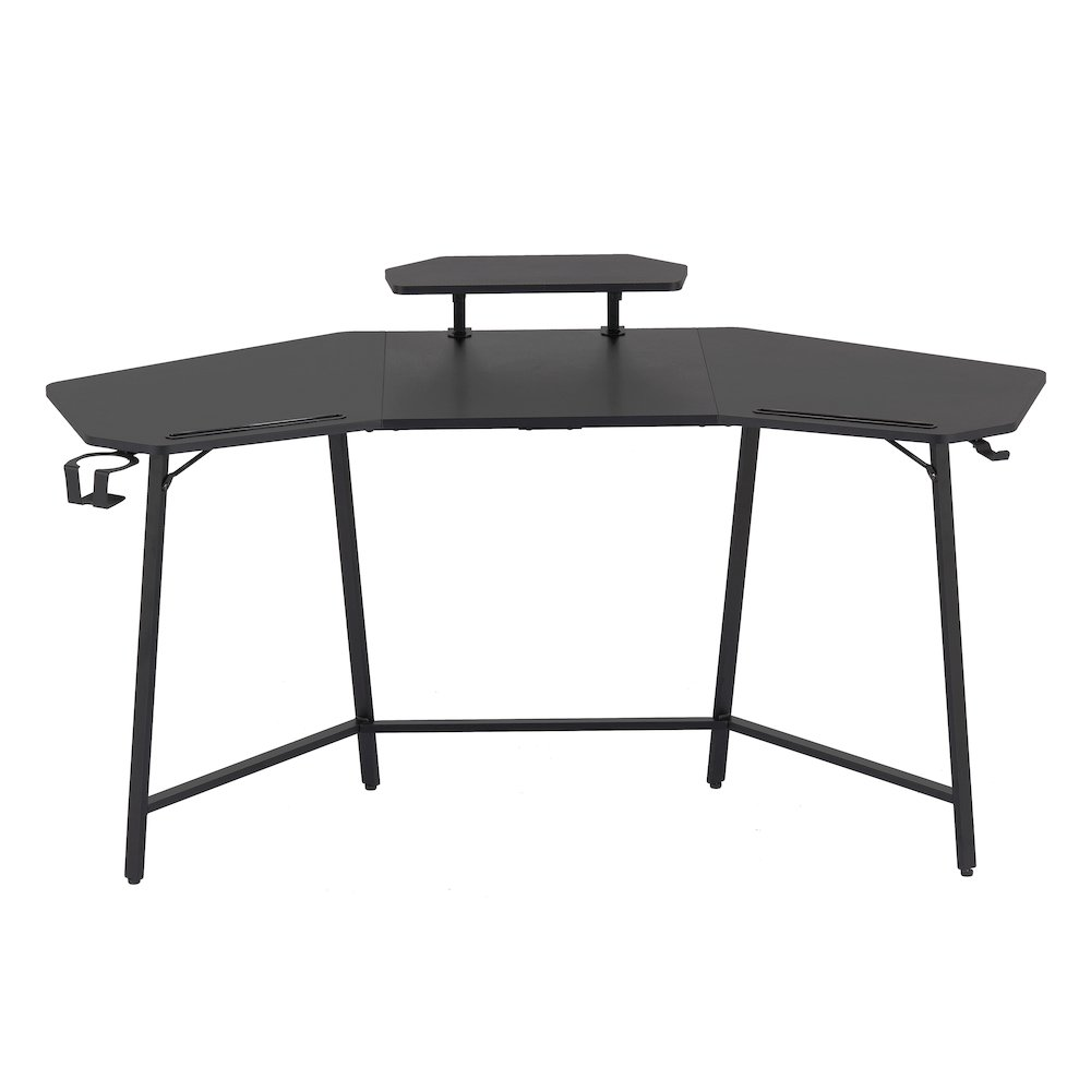 Start2Finish black gaming desk with shelf and accessory holders, featuring a spacious workspace and organized storage.