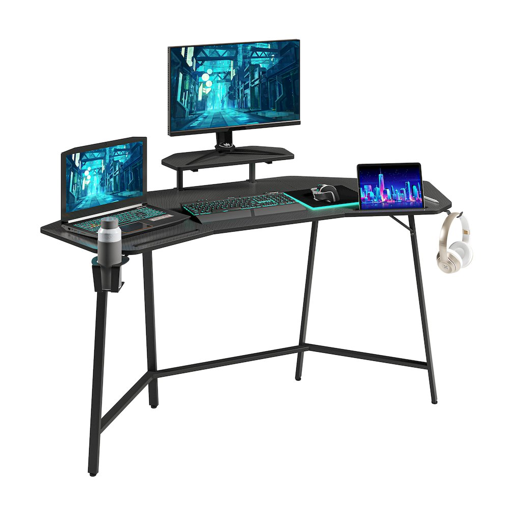 Black gaming desk with shelf and accessory holders by Start2Finish, showing a spacious surface with organized gaming accessories.