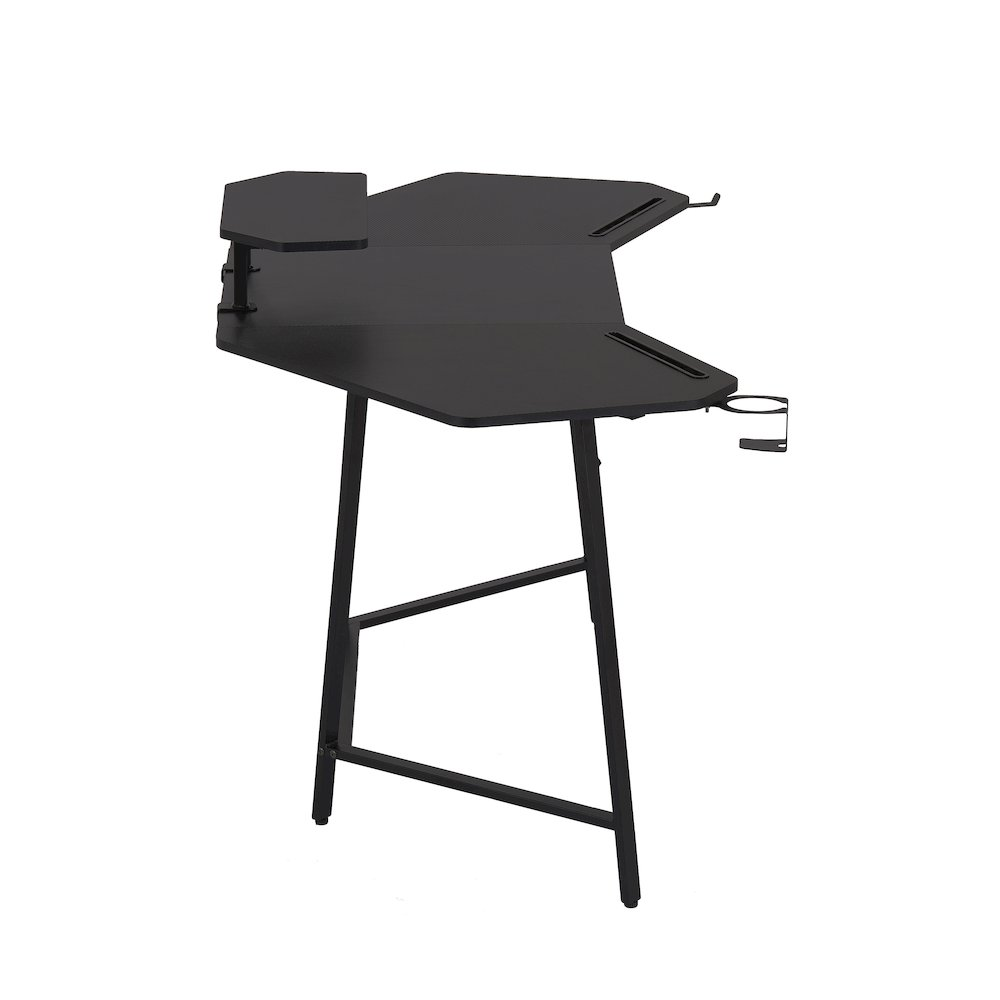 Start2Finish black gaming desk with shelf and accessory holders, featuring a spacious workspace and organized storage options.