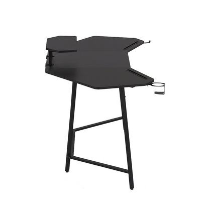 Start2Finish black gaming desk with shelf and accessory holders, featuring a spacious workspace and organized storage options.