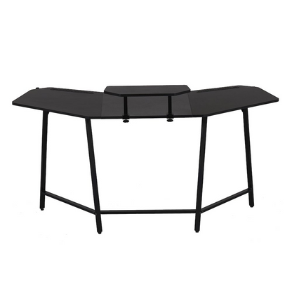 Start2Finish black gaming desk with shelf and accessory holders, featuring a spacious surface and organized storage options.