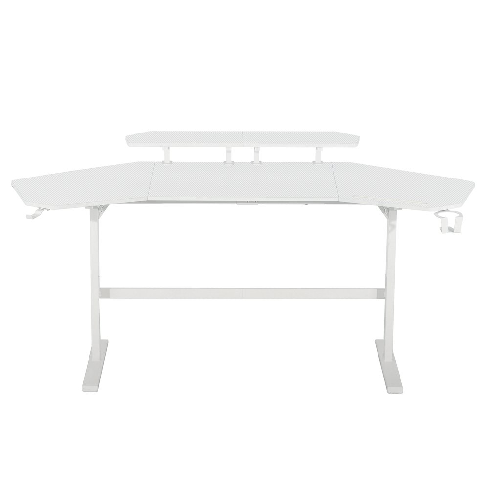 White Start2Finish gaming desk with shelves and accessory holder, showing a sleek workspace with organized storage.